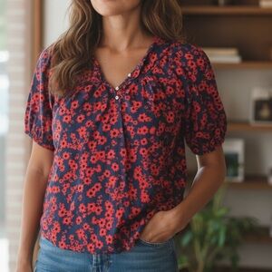 LOFT Navy Blouse with Red Floral Pattern Size L